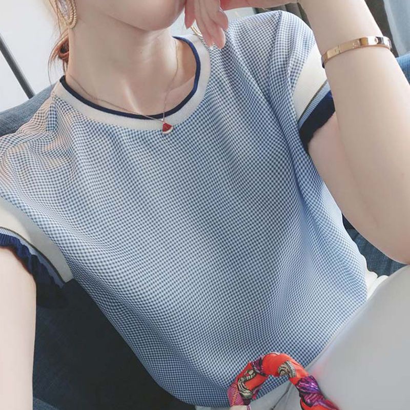 Áo Sơ Mi Chiffon Tay Ngắn Dáng Rộng Họa Tiết Caro Màu Xanh Dương Viền Gỗ Thời Trang Mùa Hè Hàn Quốc Cho Nữ