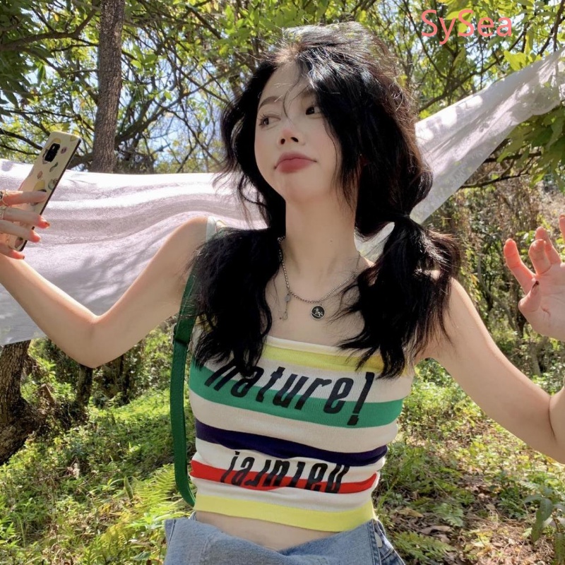 Áo Hai Dây Họa Tiết Kẻ Sọc In Chữ Phong Cách Retro Cho Nữ