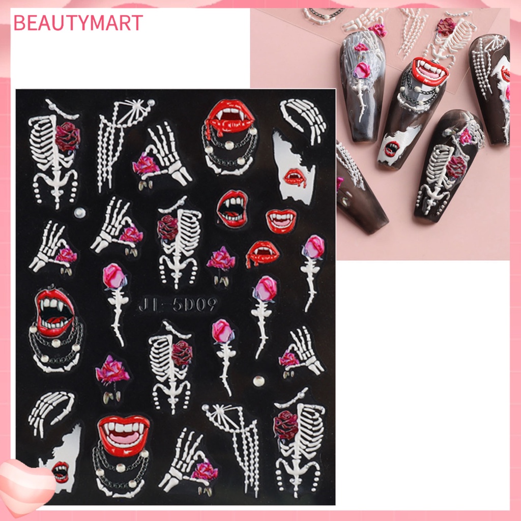 [beautymart] Nhãn Dán Móng Tay Bằng Resin Tự Dính Không Phai Màu Chống Nước Họa Tiết Kinh Dị Đầu Lâu