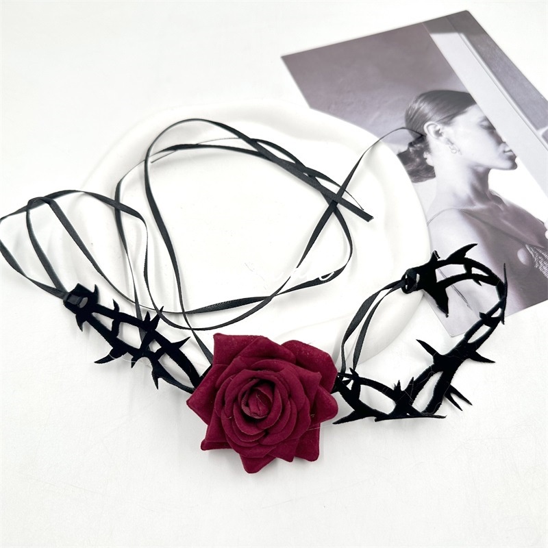 Vòng Cổ Choker Hoa Hồng Đỏ Phong Cách Retro Vòng Cổ Hoa Gai Halloween Cho Nữ