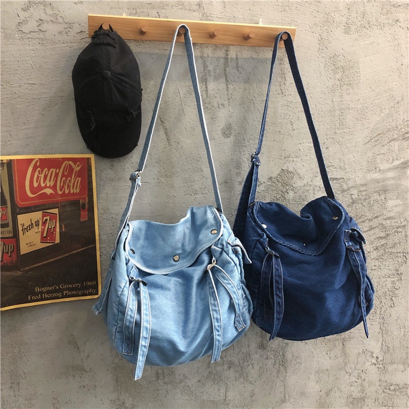Túi Xách Denim Màu Trơn Đơn Giản Phong Cách Harajuku Nhật Bản Cho Nam Nữ