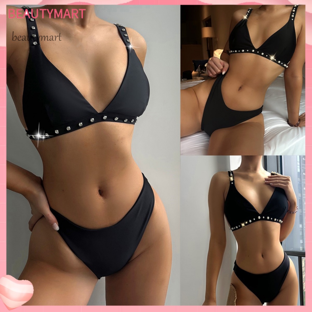 [beautymart] Bộ Đồ Bơi Bikini Màu Trơn Bằng Polyester Chống Mài Mòn Thời Trang Mùa Hè Cho Nữ