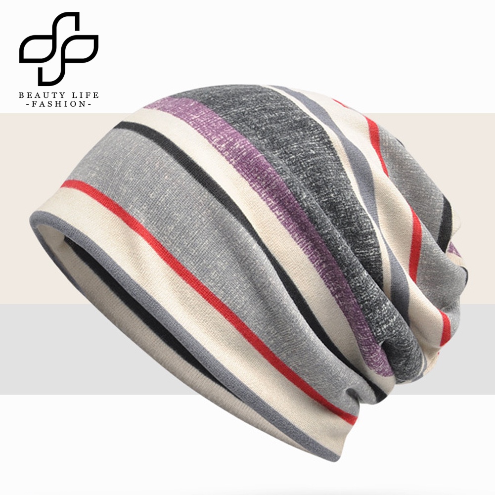 Mũ Beanie Kiêm Khăn Choàng Cổ Giữ Ấm Họa Tiết Kẻ Sọc Thời Trang Cho Nam Và Nữ