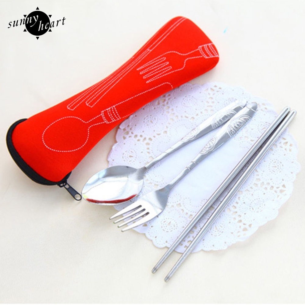 Set 3 Món Muỗng Nĩa Đũa Bằng Thép Không Gỉ Tiện Dụng Mang Theo Du Lịch