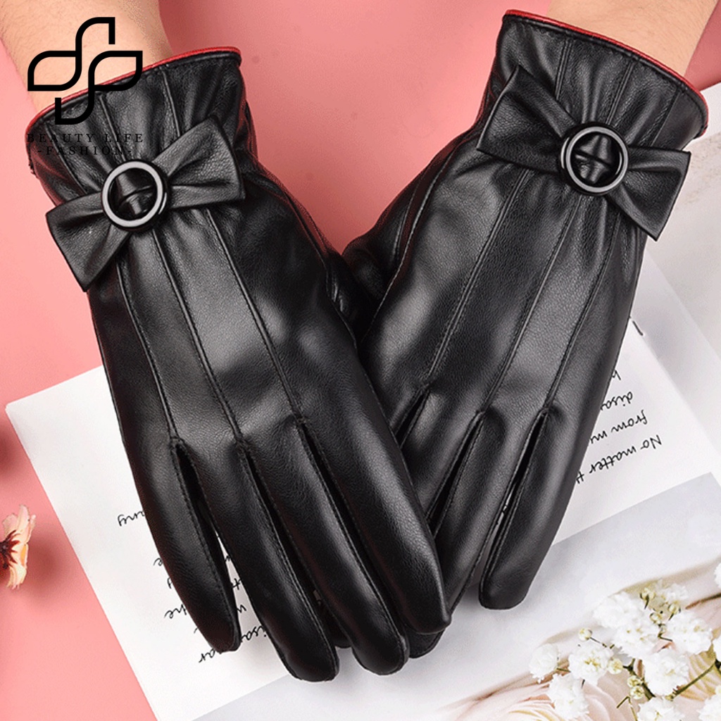 1 Đôi Găng Tay Da Giả Lót Lông Dày Dặn Chống Lạnh Có Thể Chạm Màn Hình Cảm Ứng Thời Trang Thu Đông Cho Nữ Ou