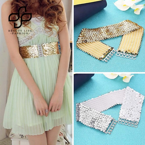 Thắt Lưng Bản Rộng Co Giãn Đính Kim Sa Lấp Lánh Thời Trang Cho Nữ