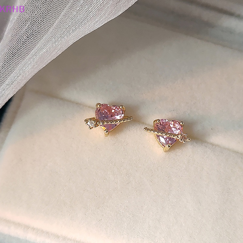 1 Đôi Bông Tai Hình Trái Tim Đính Đá Zircon Màu Hồng Thời Trang Dành Cho Nữ Mới