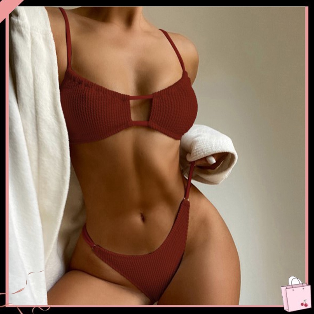 Bộ Bikini 2 Mảnh Màu Sắc Trơn Lưng Cao Thời Trang Mùa Hè Cho Nữ