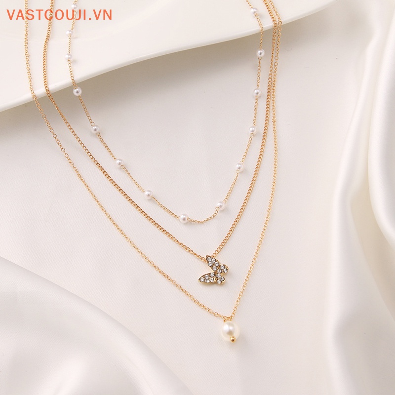 Vòng Cổ Choker Nhiều Lớp Mặt Hình Bướm Và Ngọc Trai Thanh Lịch Cho Nữ