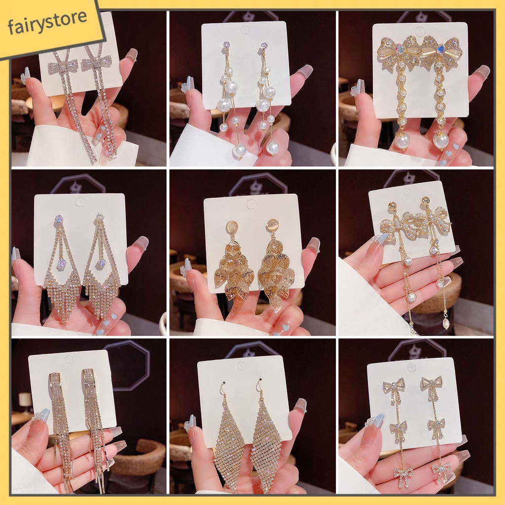 1 Đôi Bông Tai Hình Nơ / Trái Tim Đính Đá / Ngọc Trai Giả Lấp Lánh Thời Trang