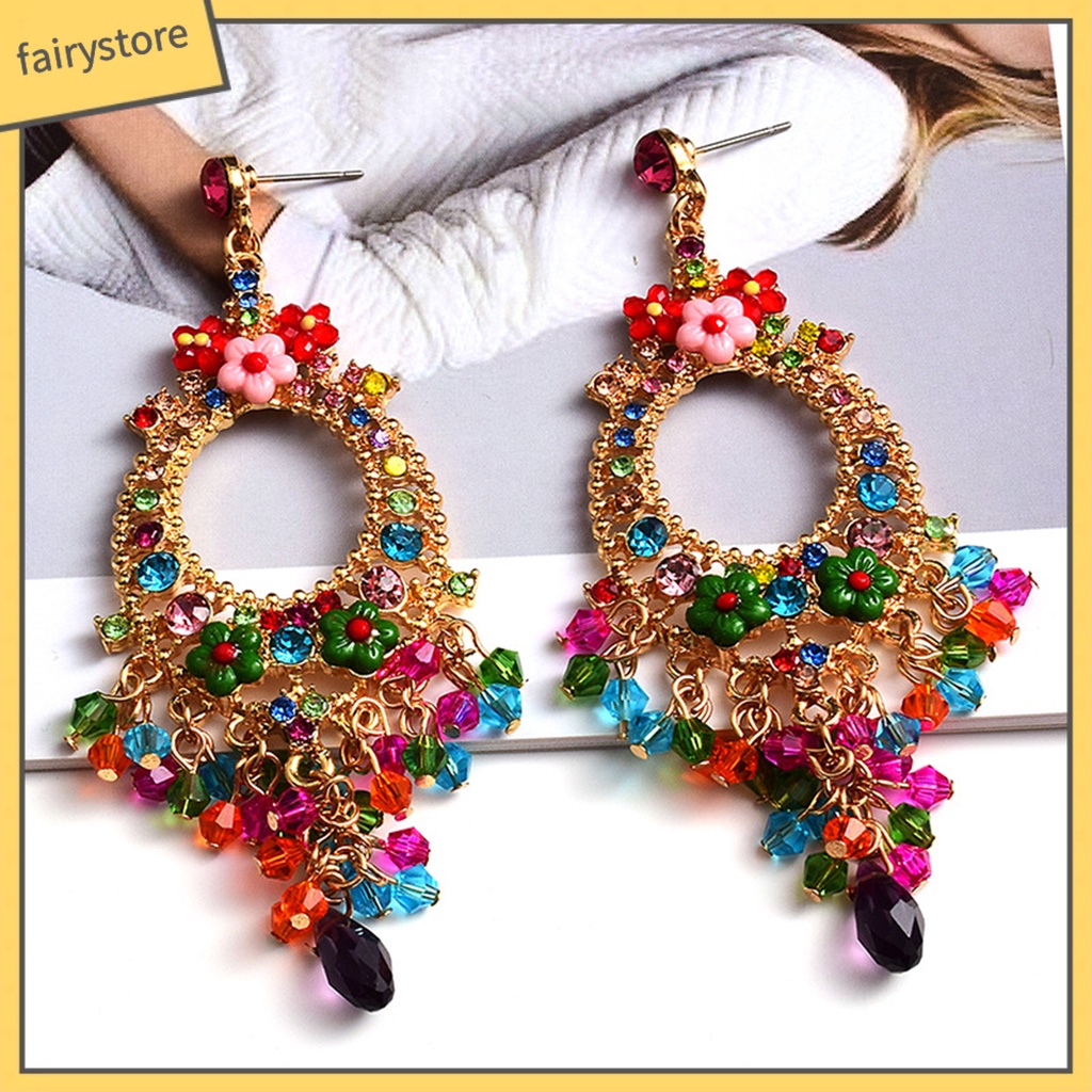 1 Cặp Bông Tai Tua Rua Đính Đá Nhiều Màu Phong Cách Bohemian