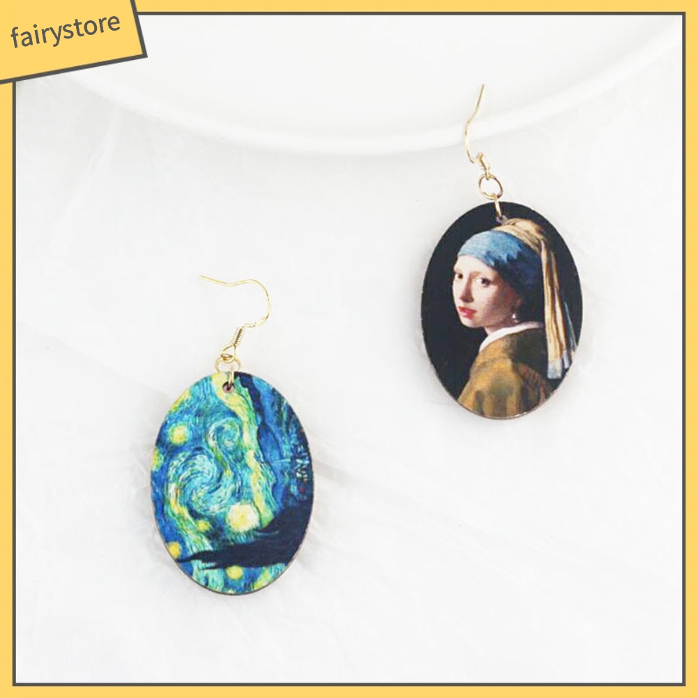 [FRO] Khuyên Tai Móc Bằng Gỗ Tráng Men Họa Tiết Tranh Sơn Dầu Không Đối Xứng Nich