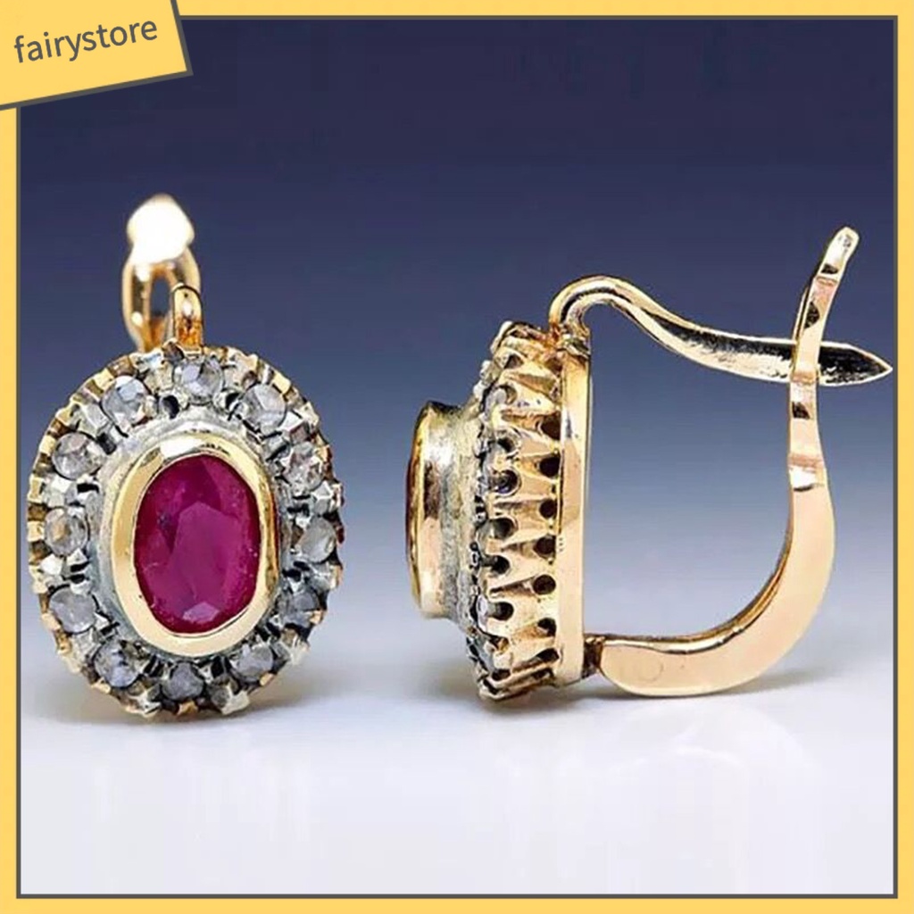 1 Đôi Bông Tai Đính Đá Zircon Đỏ Hình Oval Bằng Hợp Kim Dành Cho Nữ