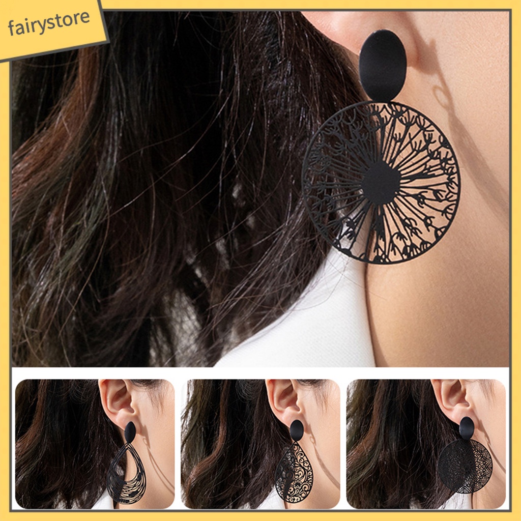 1 Đôi Bông Tai Thiết Kế Rỗng Màu Đen Phong Cách Retro