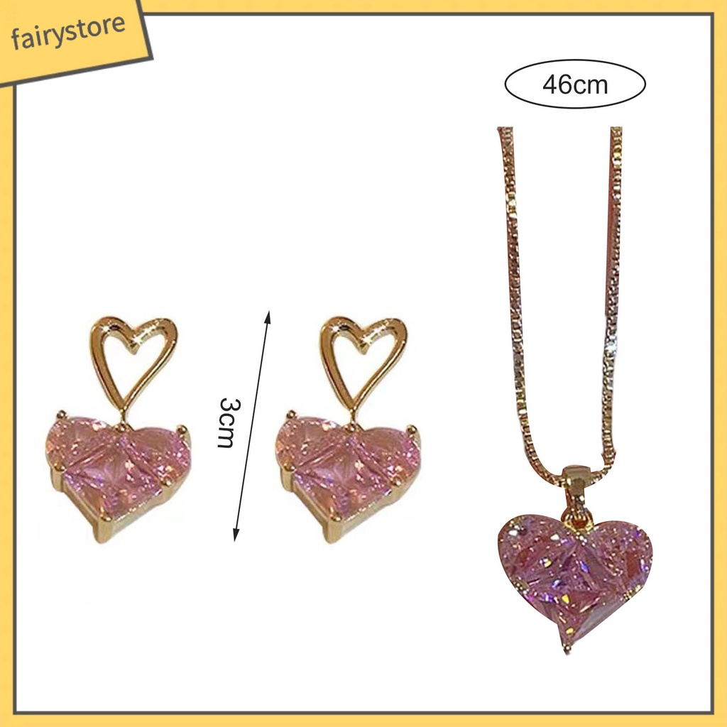 Set 1 / 1 Cặp Bông Tai / Vòng cổ Hình Trái Tim Đính Pha Lê Lấp Lánh Thời Trang Cho Nữ