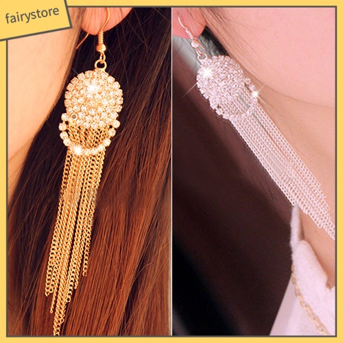 Bông Tai Dáng Dài Đính Đá Phối Tua Rua Thời Trang Cho Nữ