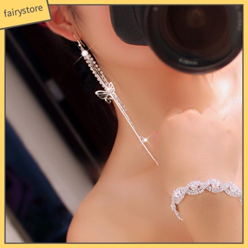 Bông Tai Dài Hình Bướm Rỗng Đính Đá Cho Nữ