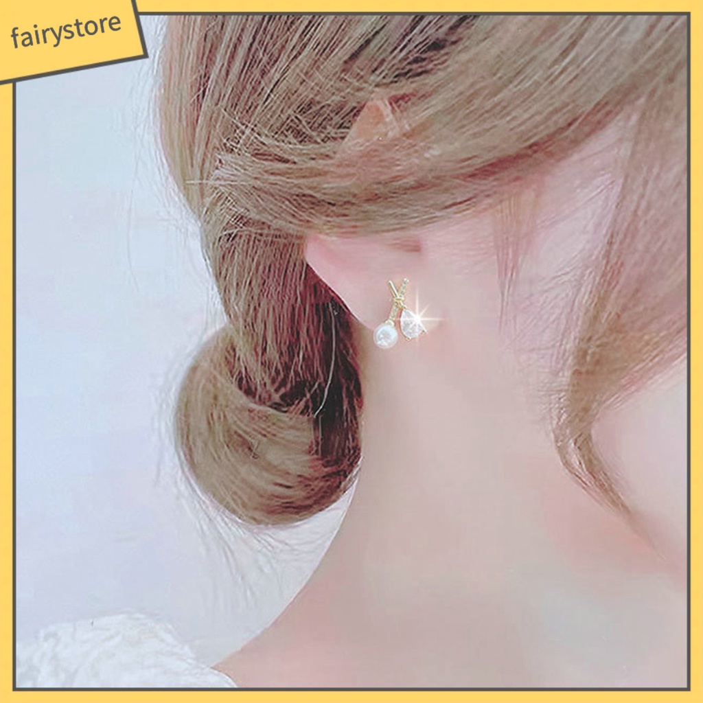 1 Đôi Bông Tai Chữ X Đính Đá Zircon Ngọc Trai Giả Lấp Lánh Phong Cách Pháp