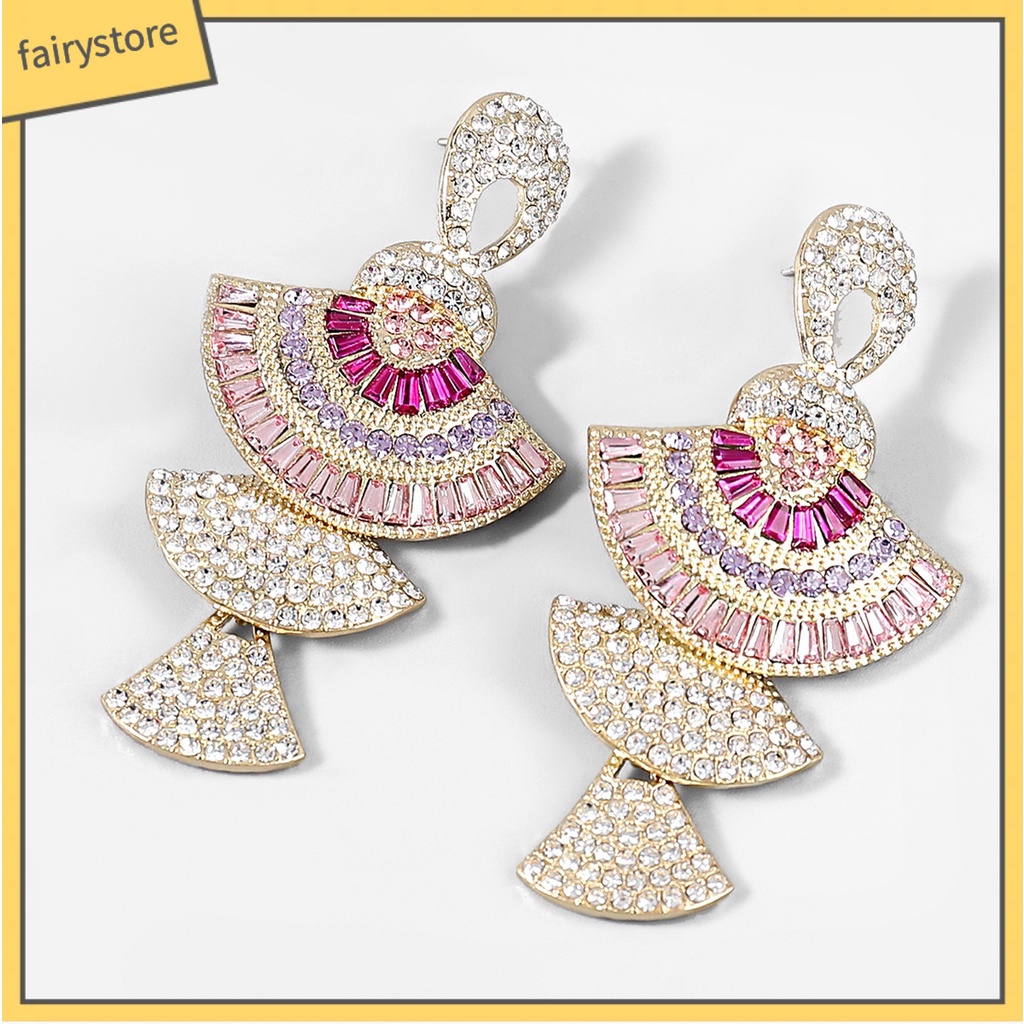 1 Đôi Bông Tai Hình Quạt Đính Đá Nhiều Màu Sắc Lấp Lánh Dành Cho Nữ