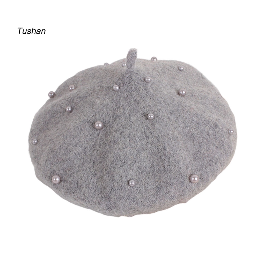 Mũ Beanie Đính Ngọc Trai Nhân Tạo Màu Trơn Mềm Mại Giữ Ấm Mùa Đông Cho Bé