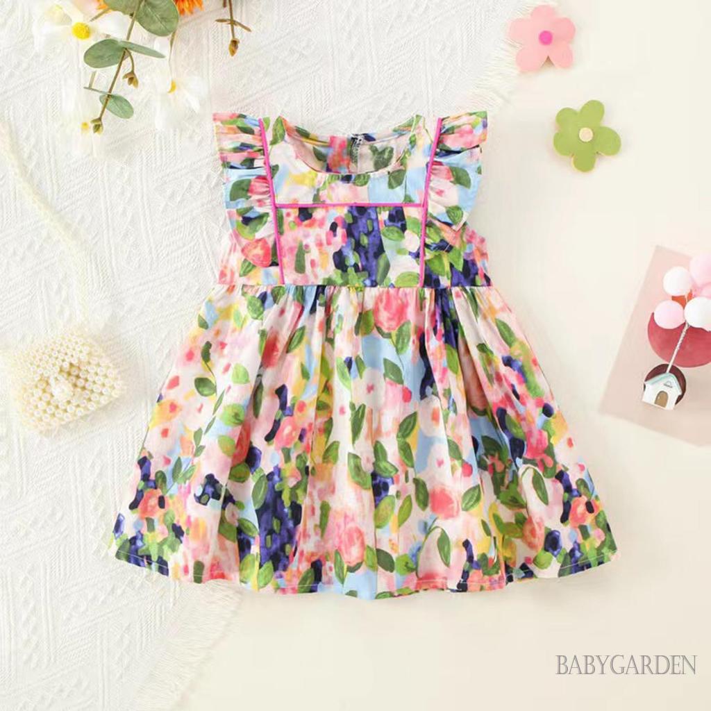 Đầm Cổ Tròn Tay Cánh Tiên In Họa Tiết Tranh Sơn Dầu Dành Cho Bé Gái 9 Tháng Tuổi