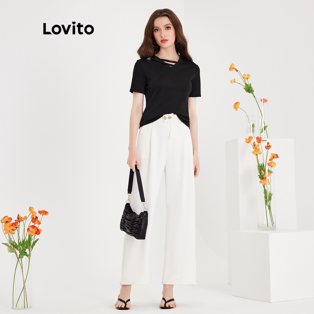 Áo thun LOVITO tay ngắn cổ chữ V màu trơn thường ngày dành cho nữ LNE06139 (màu đen)