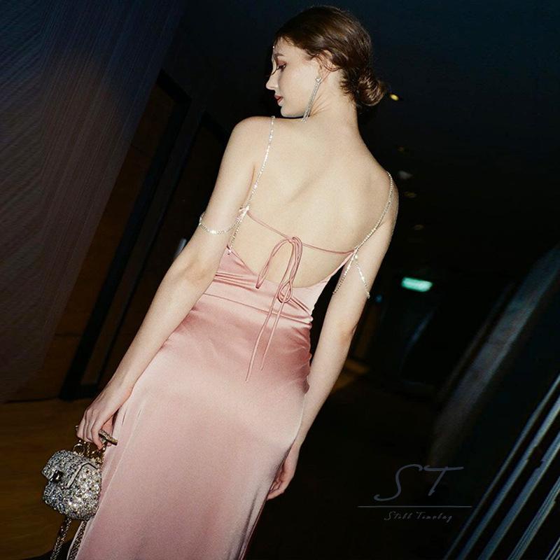 Đầm Satin Hai Dây Màu Trơn Đính Đá Xẻ Tà Cao Thời Trang Cho Nữ CY03