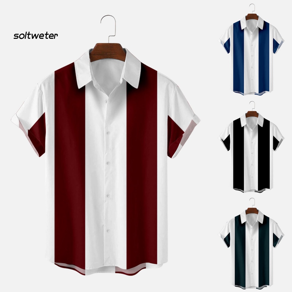 Áo Sơ Mi Tay Ngắn Cổ Bẻ Dáng Rộng Cài Khuy Kẻ Sọc Thời Trang Công Sở Cho Nam