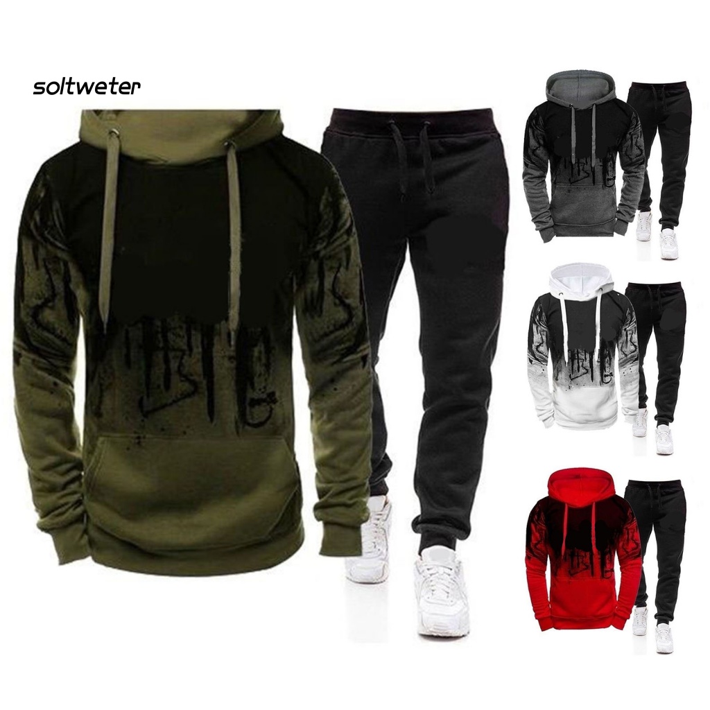 Bộ Đồ 2 Món Gồm Áo Hoodie Tay Dài Và Quần Dài Dây Rút Thấm Hút Mồ Hôi In Họa Tiết Vết Mực Thời Trang Cho Nam