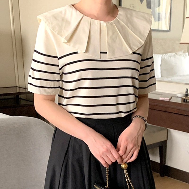 Áo Sơ Mi Tay Ngắn Cổ Búp Bê Họa Tiết Kẻ Sọc Màu Sắc Tương Phản Phong Cách Hàn Quốc Thời Trang