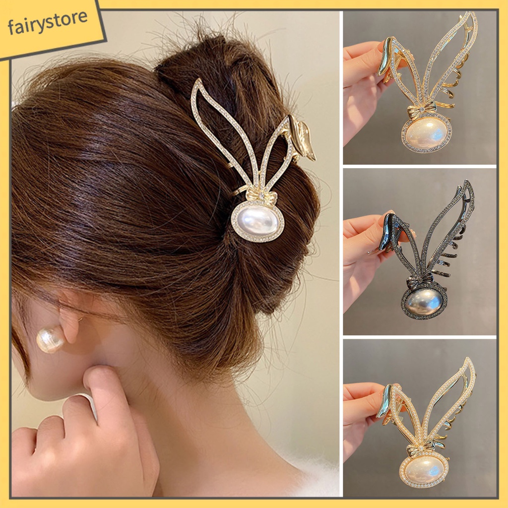 Kẹp Tóc Càng Cua Lớn Đính Đá &amp; Ngọc Trai Giả Hình Tai Thỏ