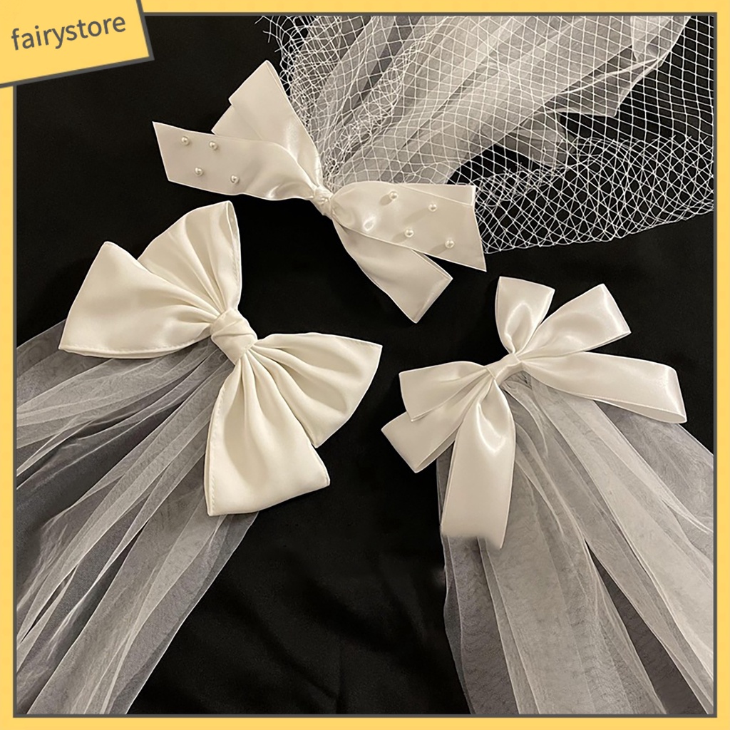 Kẹp Tóc Đính Nơ Vải Tuyn Màu Trắng Dùng Làm Đạo Cụ Chụp Ảnh