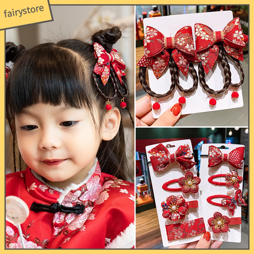 1 Cặp Kẹp Tóc Giả Đính Nơ Tua Rua Phong Cách Trung Hoa Ngọt Ngào Cho Bé Gái