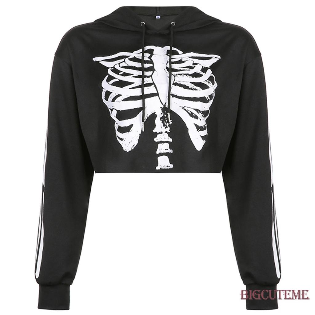 Áo Hoodie Crop Top Tay Dài In Hình Bộ Xương Thoải Mái Vừa Vặn [] [] Cho Nữ