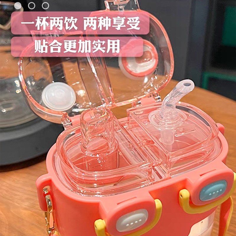 Bình Nước 780ml Có Hai Ngăn Kèm Ống Hút Họa Tiết Hoạt Hình Dễ Thương