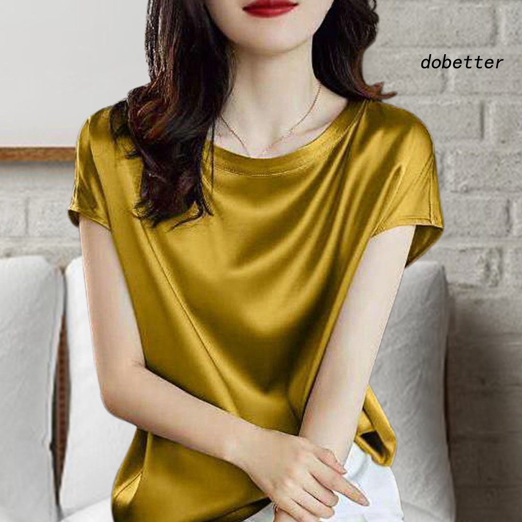 Áo Thun Satin Tay Ngắn Cổ Tròn Màu Sắc Đơn Giản Dành Cho Nữ