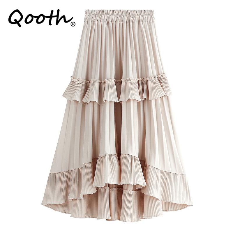 Qooth Nữ Retro Ren Edge Xếp Ly Bánh Váy Thanh Lịch Lưng Thun Dài Không Đều Váy Chữ A Cho Mùa Xuân, Mùa Thu QT2141