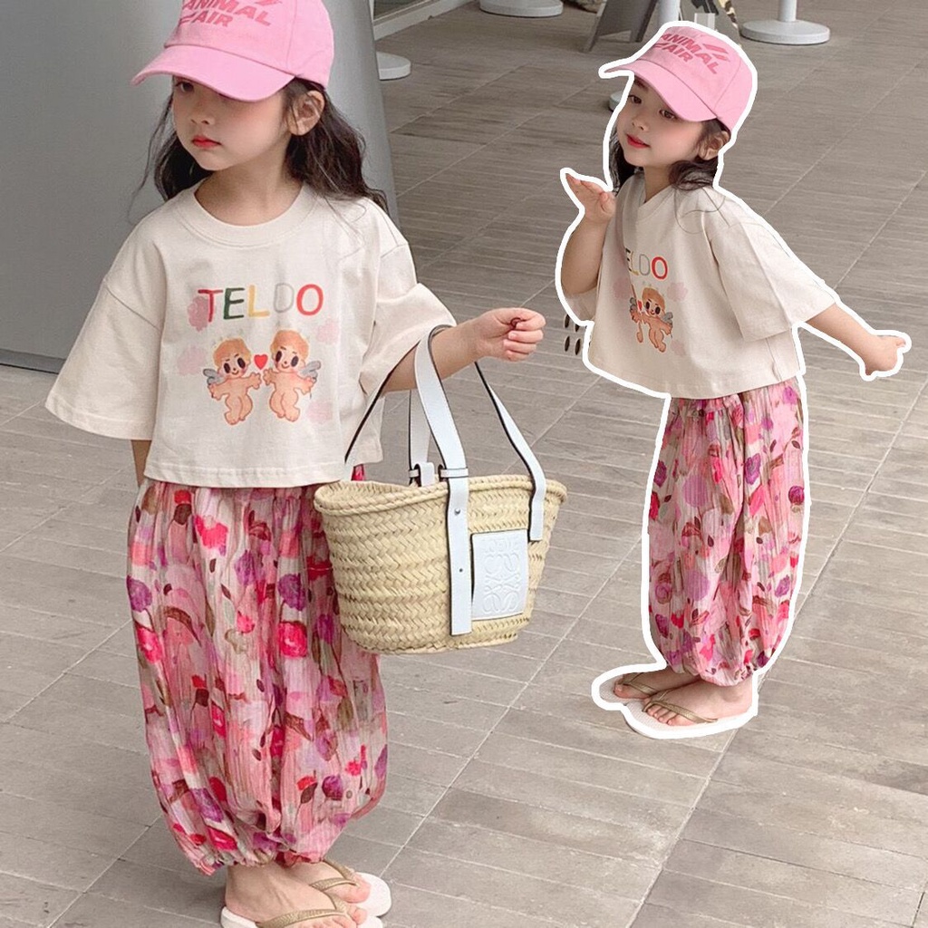 Bộ Áo Thun In Họa Tiết Góc Dễ Thương + Quần Dài Thời Trang Cho Bé Gái Từ 2-9 Tuổi