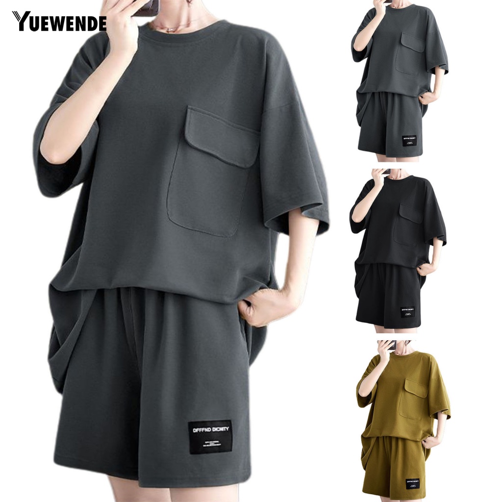 Set 2 Món Áo Thun Cổ Tròn Phối Quần Short Thời Trang Cá Tính Cho Nữ