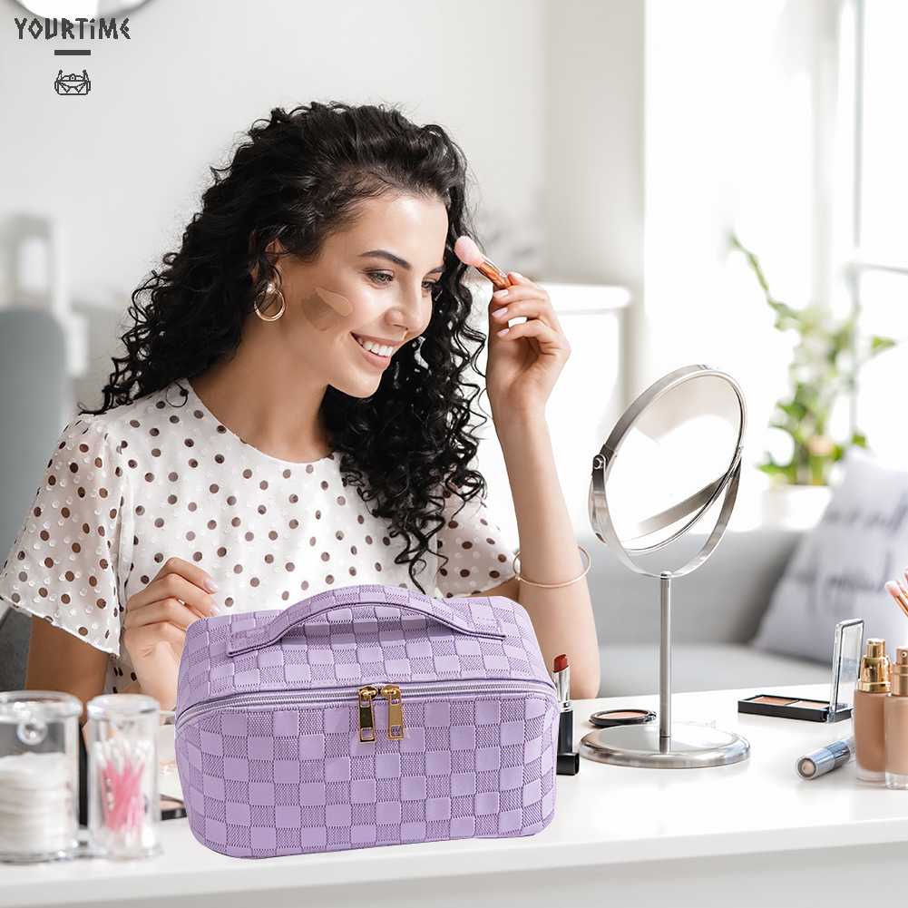 Túi Đựng Mỹ Phẩm Bằng Da PU Sức Chứa Lớn Họa Tiết Kẻ Sọc Thời Trang Mùa Hè Cho