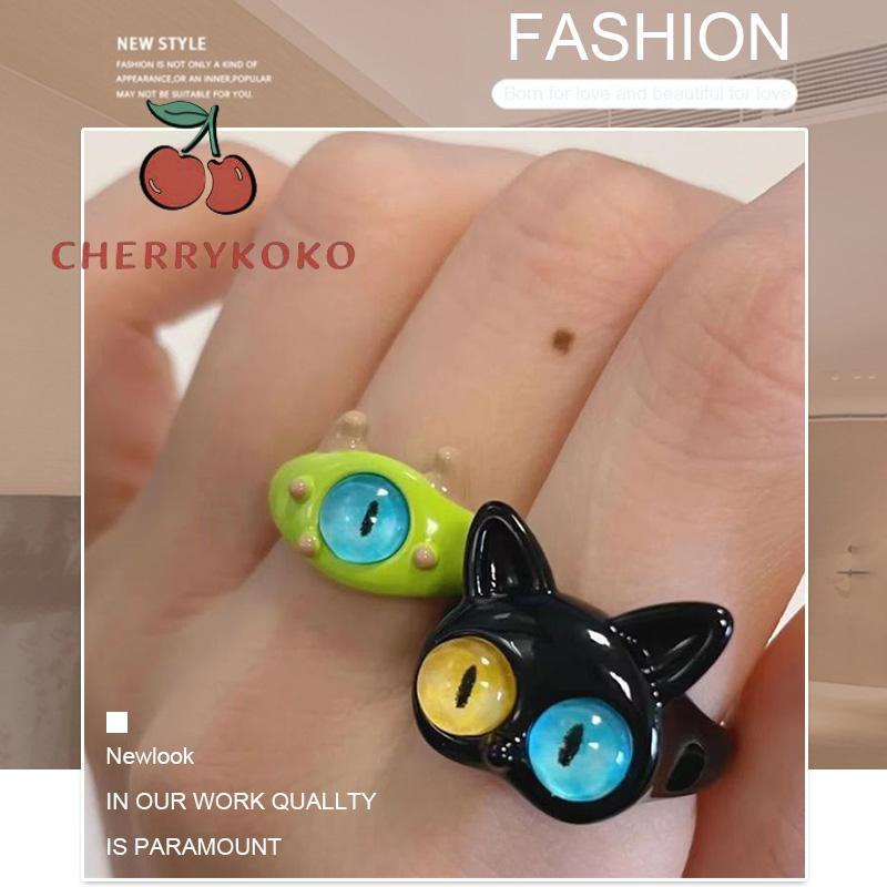 🍒🍒CHERRYKOKO Nhẫn Hình Mèo Đen Mắt To Dễ Thương Vui Nhộn Cho Cặp Đôi