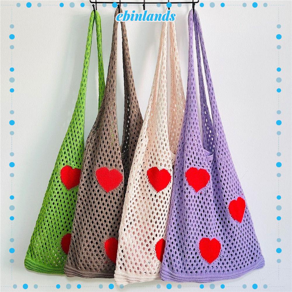 Túi Xách Đeo Vai Đan Len Họa Tiết Trái Tim Sức Chứa Lớn Phong Cách Châu Âu Cho Nữ