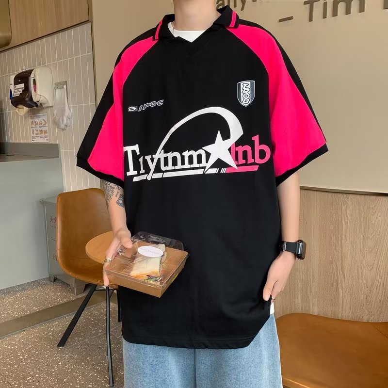 Áo Thun polo Tay Ngắn Dáng Rộng Màu Sắc Tương Phản Phong Cách Retro Mỹ Thời Trang Mùa Hè Cho Nam