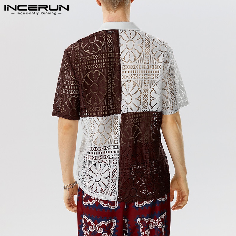 INCERUN Áo Dệt Kim Ngắn Tay Phối Lưới Màu Tương Phản Cá Tính