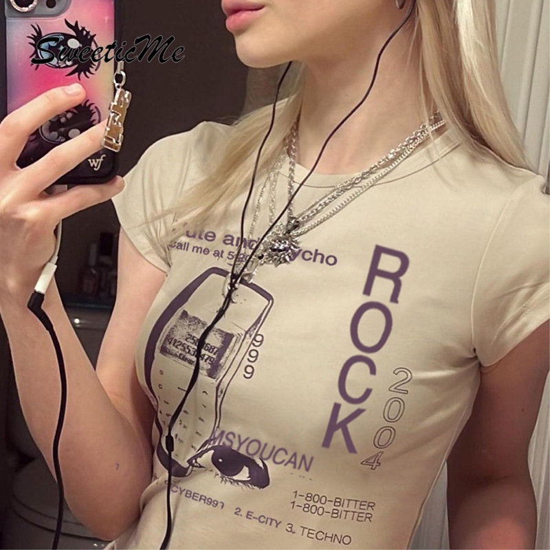 Áo Thun Crop Top Tay Ngắn Cổ Tròn In Chữ Thời Trang 2023 Dành Cho Nữ