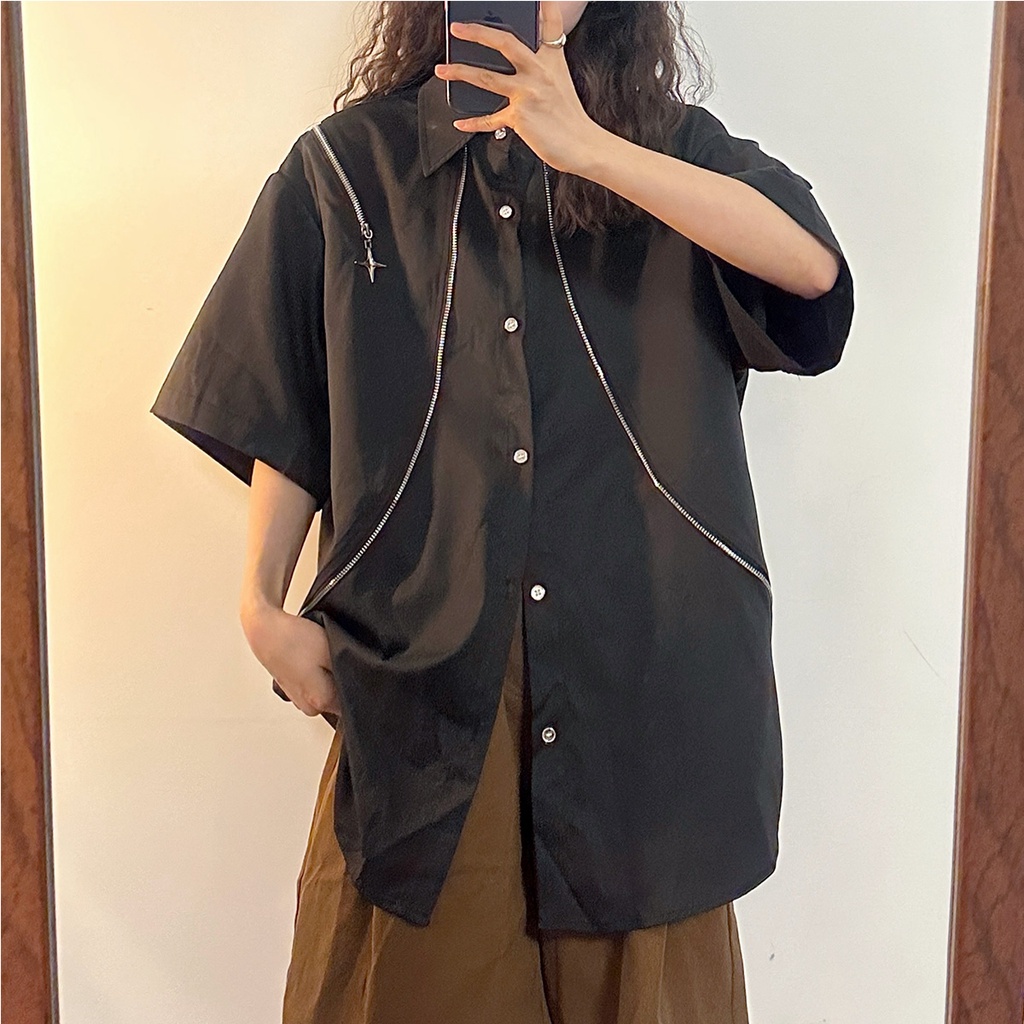 Áo Sơ Mi Ngắn Tay Dáng Rộng Có Khóa Kéo Kim Loại Phong Cách Retro Đường Phố Mỹ Mùa Hè Mới Dành Cho Nữ @ -