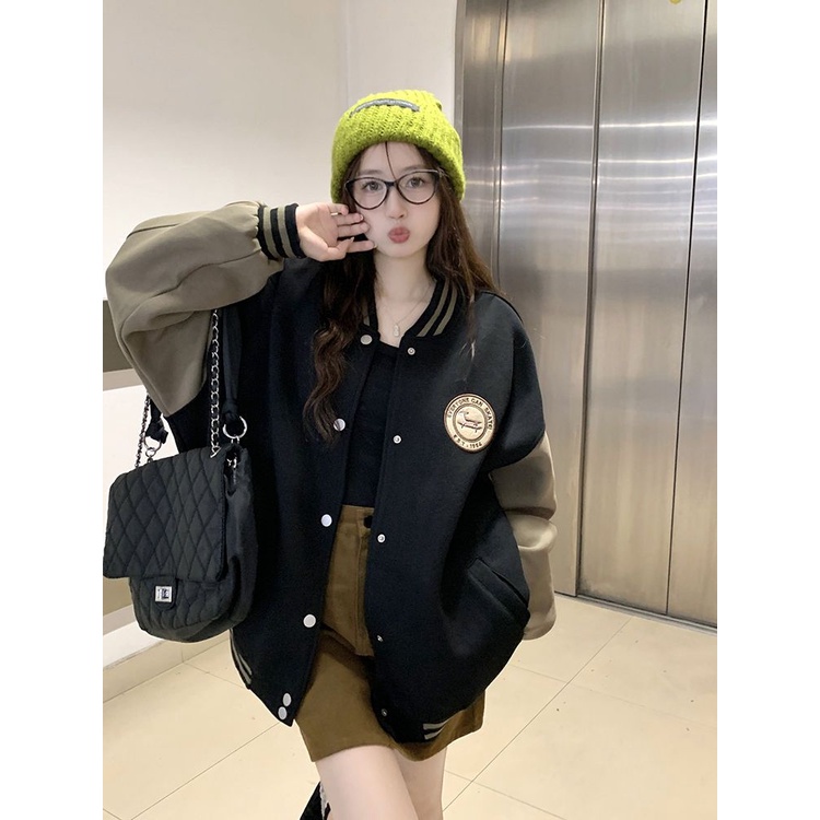 Áo Khoác Bóng Chày Tay Dài Dáng Rộng Bằng Vải Lông Thời Trang Thu Đông Cho Nữ