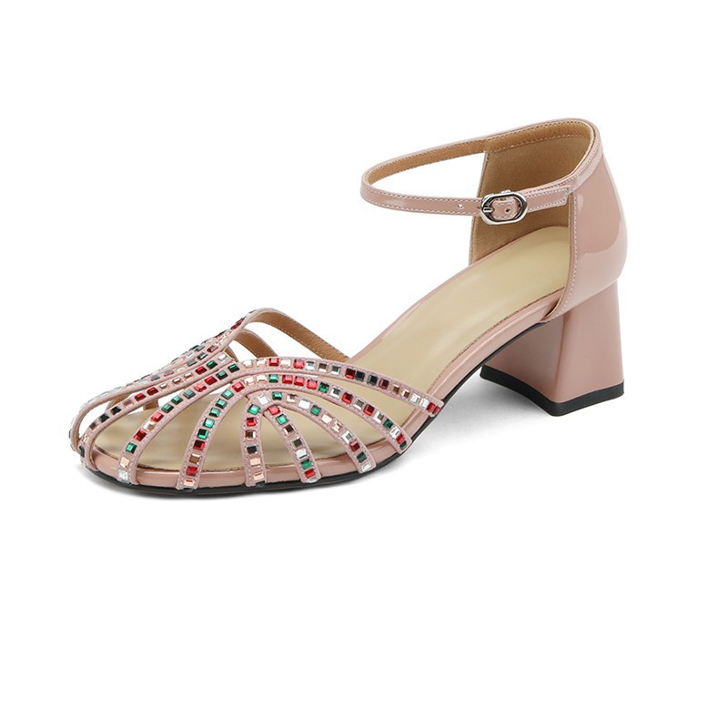 Duoya Giày Sandal Cao Gót Dày Hở Ngón Bằng Da Mềm Khoét Rỗng Đính Đá Thời Trang Cho Nữ Miễn Phí Vận Chuyển