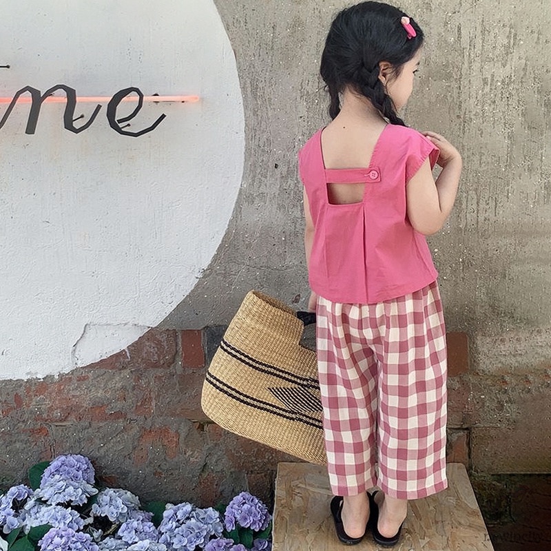 Set Đồ Mùa Hè 2 Món Gồm Áo Cổ Vuông Hở Lưng Màu Trơn + Quần Dài Eo Thun Kẻ Sọc Caro Cho Bé Gái