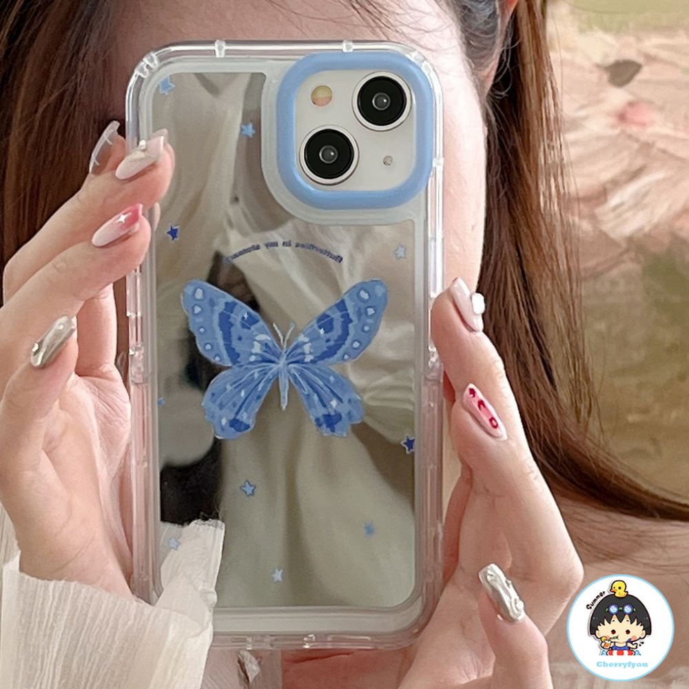 Ốp Điện Thoại TPU Mềm Tráng Gương Họa Tiết Bướm Xanh Dương Có Giá Đỡ Ẩn Cho IPhone 11 14 13 12 Pro Max